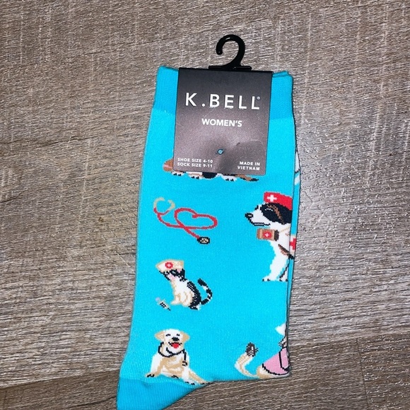 K. Bell Veterinarian Crew Socks Teal Dog Cat Medical size 9-11 - Picture 2 of 7